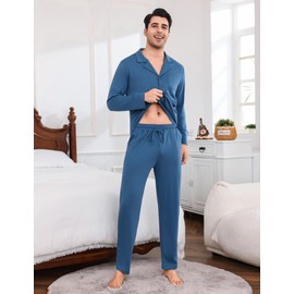Aseniza Men's Long Pyjamas Button Down Cotton Two-Piece Sleepwear Men's Long Sleeve Set Winter, blue, L
