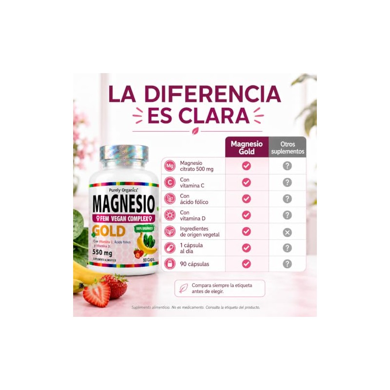 Magnesio Complex Fem Citrato Ácido Fólico Vitamina Bienestar Diario Purely