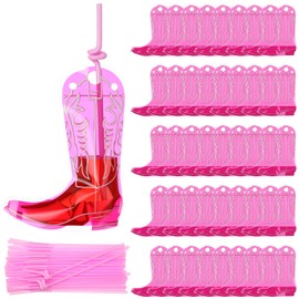 Jingmore 50 Set Cowboy Boot Drink Pouches with Straws 6 oz Cowboy Boot Zipper Liquor Smoothie Pouches Heavy Duty Reclosable Ice Drink Bag for Western Themed Rodeo Birthday Party Supplies(Pink)
