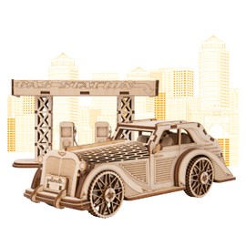 qollorette 3D Wooden Puzzle Craft Set, Puzzle Games for Adults, Teenagers, Wooden Car Puzzle Puzzle Building Kit, Retro Car and Petrol Station - Puzzle Room Decoration