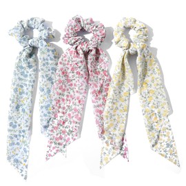 3 PCS Hair Scrunchies Hair Scarf with Ribbon Bunny Ears, Chiffon Crushed Flower Bowknot Hair Ties, Elastic Hair Scarf Long Ribbon Ponytail Scrunchies for Women Girls (Pink, Yellow, Green)