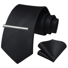 HISDERN Mens Ties Solid Color Wedding Ties and Pocket Square Neckties Clip Sets Business Formal Satin Ties for Men, K- Black, 8.5cm / 3.4 inches in Width
