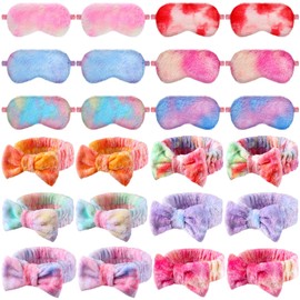 Xuhal 24 Pcs Sleepover Party Favors for Woman, Spa Headband Plush Eye Mask Bow Makeup Headbands Head Wraps Sleep Blindfold Masks for Sleepover Birthday Party(Tie Dye)