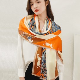 LumiSyne Silk Scarf Women's Classic Flower Printed Chain Letters Geometric Pattern Lightweight Soft Silk Scarf Neckerchiefs Sun Protection Stole Gift Women All Year Round, orange brown horse
