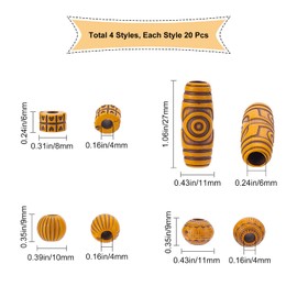 SUNNYCLUE 80Pcs 4 Styles Wooden Braid Beads Imitation Wood Acrylic Dreadlock Hair Column Oval Round Large Hole Bead Loose Spacers for Hair Styling Decoration DIY Crafts Accessories