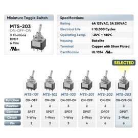 6-Pack Miniature Toggle Switch UL Certified with Waterproof Cap MTS-203, ON/Off/ON DPDT 6Pin 6mm/0.23" Heavy Duty 6A Mini Micro Rocker Switches for Auto Car Marine Boat