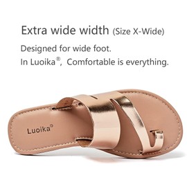 Luoika Sandalias planas de ancho ancho para mujer, sandalias casuales con tiras, zapatos de playa de verano para mujer., Gold703, 7 X-Wide