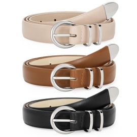 WERFORU 3 Pack Women's Leather Belts for Jeans Dresses Fashion Silver Buckle Ladies Waist Belts Black/Brown/Beige