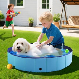 FunBy Foldable Dog Pool, Kiddie Pools Hard Plastic for kids, Small Dog Pools, Portable Collapsible Pool, Kids Swimming Pool for Toddlers, Thickened, Non Slip Pet Bathing Tub for cats (32x8 Inch), Blue