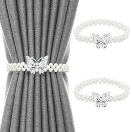 VEGCOO Curtain Tie Backs, 2 Pcs Tie Backs for Curtains, Butterfly Curtain Clips, Pearl Curtain Drapes Clips, Curtain Holdbacks for Home/Office/Living Room/Curtain Decoration (Silver)