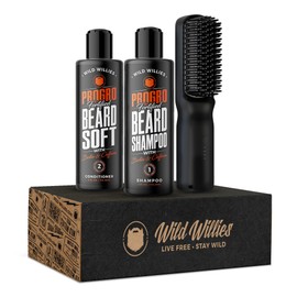 Wild Willies Moisturizing Beard Shampoo, Conditioner, & Straightener Kit, PROGRO - Fortified with Biotin & Caffeine for Facial Hair Growth & Hydration - 2-in-1 Ionic Styling Brush for Beard & Hair