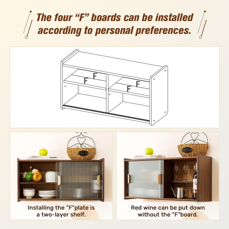 HollyHOME Small Bamboo Wall Mounted Kitchen Pantry Sideboard with 2