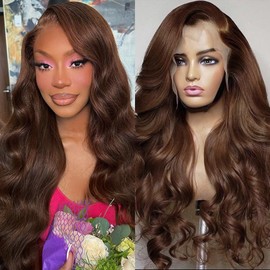 Avolo Chocolate Brown Lace Front Wig Human Hair Pre Pluckedn Body Wave 4# Brown Lace Front Wigs Human Hair Colored Chocolate Brown Human Hair Wig 13x4 Chestnut Brown Frontal Wig 180% Density 22Inch