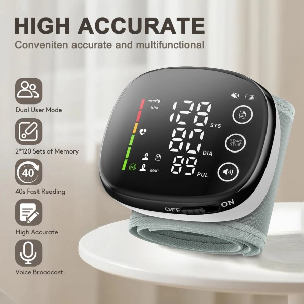Wrist Blood Pressure Monitor with Touchscreen, 13.5–19.5cm Cuff 2×120 Memory