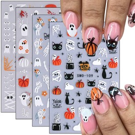 4 Sheets Halloween Nail Art Stickers Decals Pumpkin Cat Skeleton Nail Stickers Cute Ghost with Design 5D Embossed Self Adhesive Nails Supplies for Women Girls Manicure DIY Decoration
