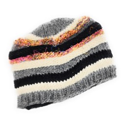 Hand Knit Wool and Recycled Silk Beanie Hat Fleece Lined Made in Nepal (Black w/Grey)