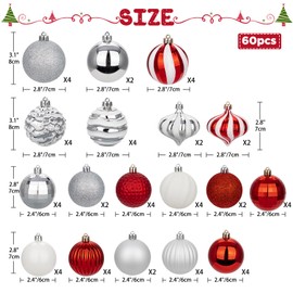 Briful 60PCS Christmas Ornaments Set Red and White Christmas Tree Ornaments Balls Plastic Shatterproof Decorative Hanging Ornaments for Xmas Home Winter Holiday Party Decor