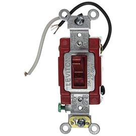 Leviton 20-Amp, 120 Volt, Toggle Pilot Light, Illuminated On, Req. Neutral, 3-Way AC Quiet Switch, Extra Heavy Duty Grade, Self Grounding, Back and Side Wired, 1223-PLR, Red