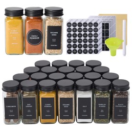 Fiwence 24 Glass Spice Jars with 576 Labels-Spice Jars with Black Metal Caps, 4oz Empty Square Spice Containers with Shaker Lids, Funnel, Pen, Seasoning Bottles for Spice Rack, Drawer, Cabinet