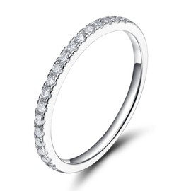 SOMEN TUNGSTEN 2mm 925 Sterling Silver Wedding Band Cubic Zirconia Half Eternity Stackable Engagement Ring Size 6.5