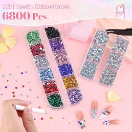 6800Pcs Small Resin Rhinestones for Nail Art, Tiny Colorful Clear AB 2/3/4MM Flatback Bedazzling Gems, Nail Rhinestones and Gems Crystals Charms for Acrylic Tips Manicure Decor