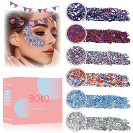 Boko 6pcs Body Glitter Gel, Red White Blue Chunky Glitter Gel for Face Hair Body Makeup, Cosmetic Patriotic Glitter for Flag Party 4 of July Independence Day Olympic Rave Accessories - Flag Heart