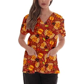 Women's V-Neck Short Sleeve Funny Thanksgiving Printed Turkey Scrub Tops BYCB XL