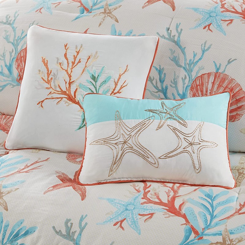Coral & Teal Seashells, Starfish, Beach King Comforter Set (7