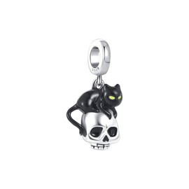 Black Cat and Skull Charm For Charm Bracelet, Sterling Silver Charm, Animal Charm, Pet Charm, Skull Charm