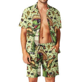 Nosirhoc Men's 2 Piece Dinosaur Taco Tracksuit funny hawaiian shirts for men Button Down Shirt Shorts rave Outfits With Bucket Hats 13-XL