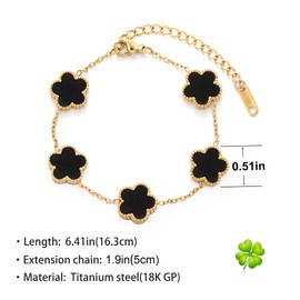 TICVSS Four Leaf Clover Bracelet for Women 18K Gold Plated Stainless Steel Lucky 4 Leaf Gold Link Bracelet Jewelry Gift for Women (Black)