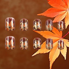 Fall Press on Nails Short Square Maple Leaf Fake Nails with Rhinestones Design Thanksgiving Glue on Nails Brown Glossy Acrylic False Nails Autumn Leaves Stick on Fingernails for Women 24Pcs