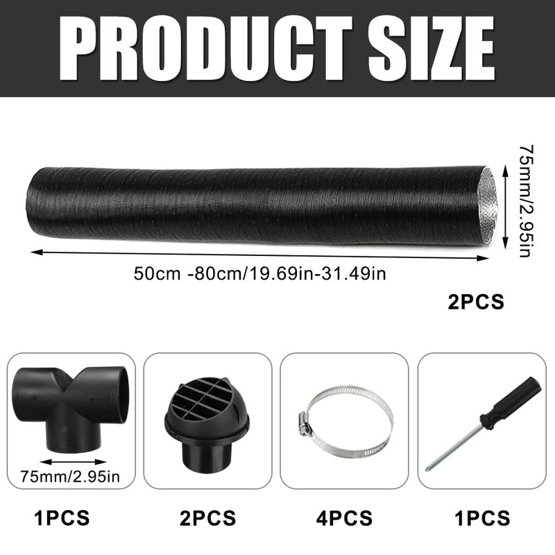 Diesel Heater Ducting 75mm, Diesel Heater Exhaust Pipe Set, Y