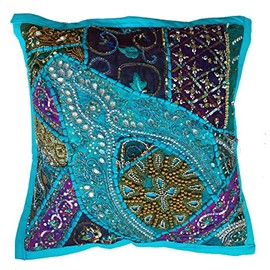 Rastogi Handicrafts Decorative Throw Pillow Cases, Embroidered Cotton Cushion Cover Patchwork Pillow,Indian Traditional Handmade Cushion Cover (SKY BLUE)