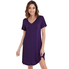NACHILA Nightgowns for Women-Viscose Made from Bamboo,Soft Sleepshirts Short Sleeve Nightshirts Loose Sleepwear Inky purple Medium