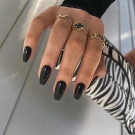 Black Press on Nails Medium Coffin Fake Nails Press ons, KXAMELIE Full Cover False Nails Tips Medium Length Glue on Nails Natural Thick Long Acrylic Nails 24Pcs Solid Color Coffin Nails for Women