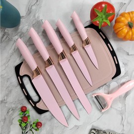 Knife Set, 9Pieces Stainless Steel Non Stick Kitchen Knife Block Set, Sharp Cutlery Knives Set with Sharpener Knives Set with Rotatable Storage Stand Scissors (Pink)
