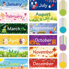 Zonon 48 Pieces Holiday Monthly Headliners Set 12 Months of The Year Headers Seasonal Monthly Bulletin Board Borders with 36 Round Blank Confetti Cutouts(Cute Style)
