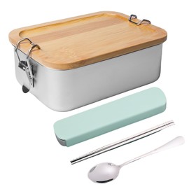 Stainless Steel Lunch Box with Wooden Lid, Bento Lunch Box, Lunch Box, 850 ml, with Cutlery Fork Spoon, for School, Work, Picnic