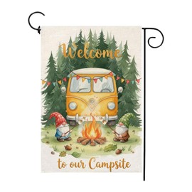 Welcome To Our Campsite Gnomes Camping Garden Flag Burlap 12x18 Inch Double Sided, RV Campfire Camper Yard Lawn Outdoor Decorations