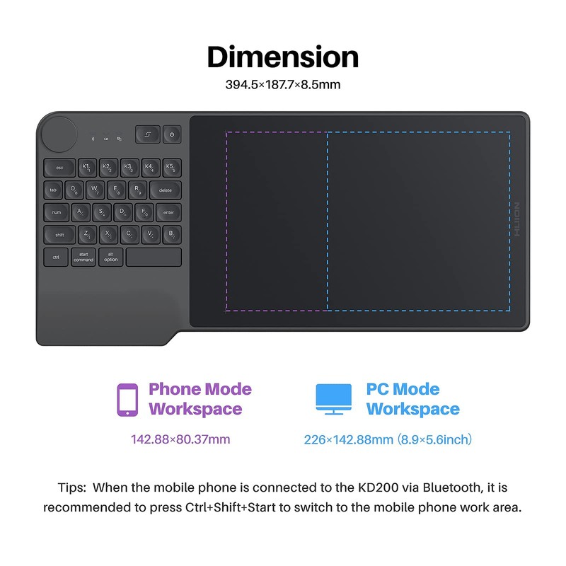 Wireless Drawing Tablet HUION Inspiroy Keydial KD200 Bluetooth Graphic Tablet