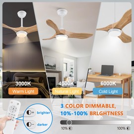 BOJUE Solid Wood Ceiling Fans with Lights, Dimmable, 36 Inch Ceiling Fan with Light and Remote Control, Reversible DC Motor, Noiseless, White Ceiling Fan for Indoor/Outdoor Patio Kids Room
