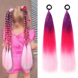 Kids Ponytail Extension With Hair Tie, Dark Purple Red Pink Ponytail Extension, Crazy Hair Day, Colored Hair Extensions for Kids, Festival Hair, Rave Hair, Ombre Ponytail 2 Packs 25 inch