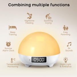 Mamidomo Sunrise Alarm Clocks White Noise Sound Machine with 34 Soothing Sounds, 11 Night Lights, Wake up Light Alarm Clock for Bedrooms, Heavy Sleepers, Temperature Monitoring for Babys, Adults, Kids