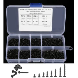 DIGISHUO 800Pcs M2 Kit Assorted Carbon-Steel Phillips Flat Head Self-Tapping Wood Screws | M2 Series 4mm~16mm Length |Assortment Kit for Wood,Plastic and Soft Metal,Black Carbon Steel