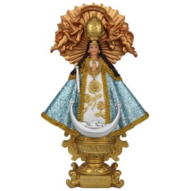 Virgen San Juan de Los Lagos 12" Resin Religious Figure | Our Lady of San Juan de Los Lagos | Cihualpilli with Blue Glitter Robe | Sacred Catholic Figurine for Altars and Devotional Spaces