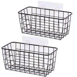 2 Set Adhesive Hanging Wall Basket Inside Cabinet Door Organizer,Wall Storage Basket-No Drilling Adhesive wall Basket for Cupboard Door,Space-Saving Small Hanging Baskets for Wall Mount Storage,Black