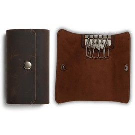 PavinCrafter Leather Key Sleeve – Brown Genuine Leather Key Holder with 6 Ring Slots & Button Closure – Compact Key Organizer for Men & Women