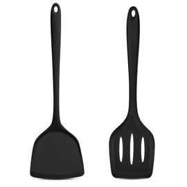 TeamFar Silicone Spatulas, 2pcs Solid & Slotted Cooking Turner for Non-stick Cookware, Kitchen Utensils for Flipping/Frying, Healthy & Seamless, Heat-Resistant & Non-Scratch, Dishwasher Safe, Black