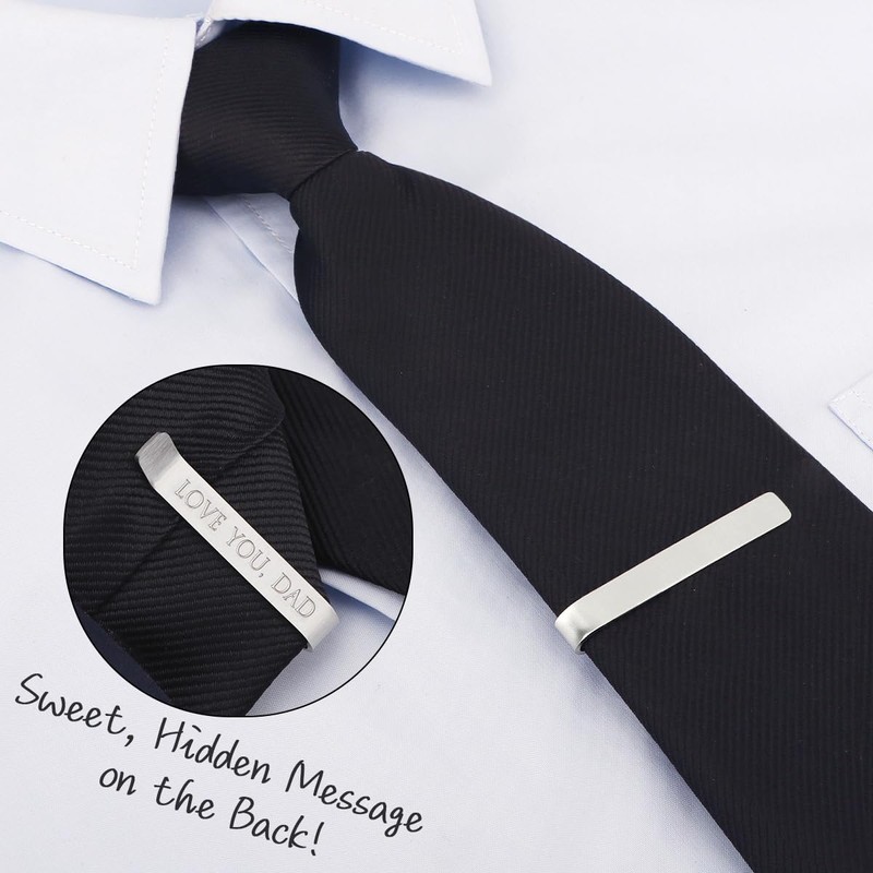 kilofly Men's Tie Clip Hidden Message "LOVE YOU, DAD" Silver